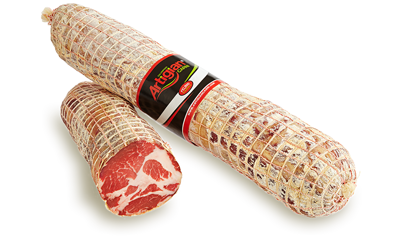 Dettaglio di Coppa per affettato: salume artigianale stagionato dalla caratteristica marezzatura e dal sapore tipico della tradizione di Parma – Felino Parma