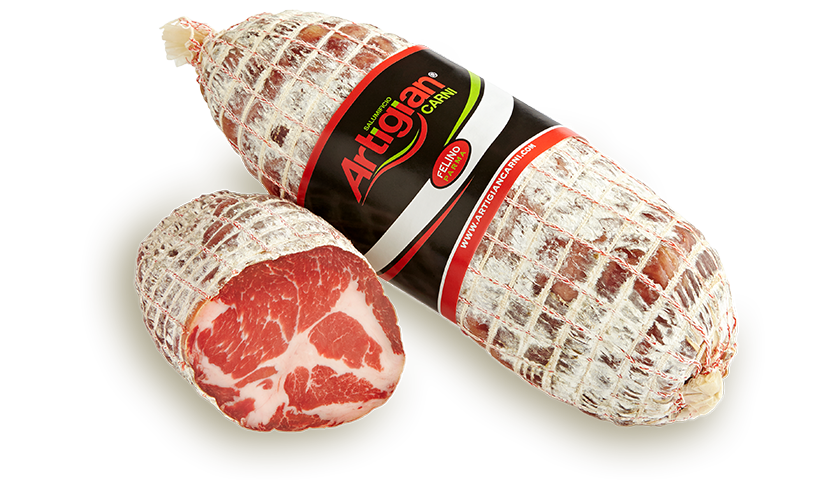 coppa-rete-dettaglio Dettaglio di Coppa in rete: salume artigianale stagionato in rete tradizionale per un aroma e una morbidezza inconfondibili – Felino Parma