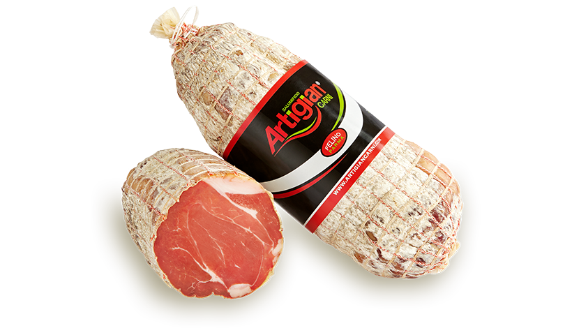 Dettaglio di Magrello Fiocco di Prosciutto: salume magro e pregiato ottenuto dal cuore della coscia suina – Felino Parma
