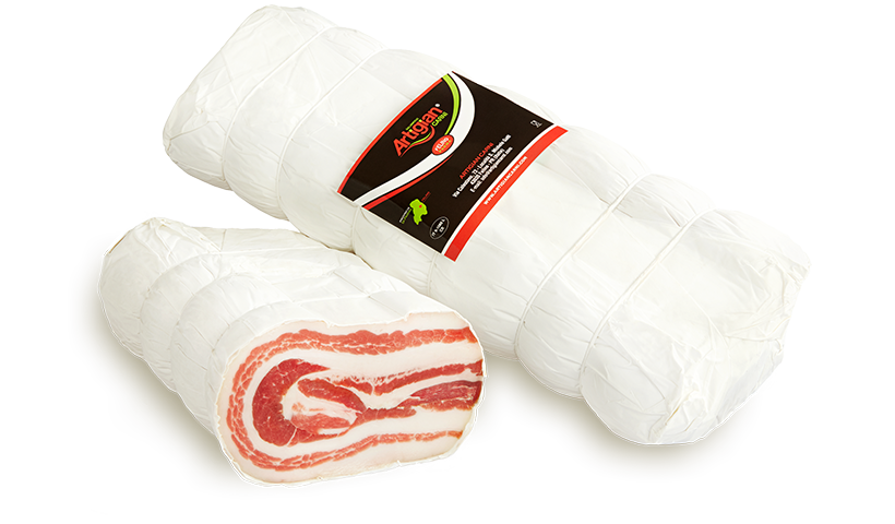 Dettaglio di Pancetta Pressata artigianale: salume stagionato dalla fetta compatta e dal gusto equilibrato – Felino Parma