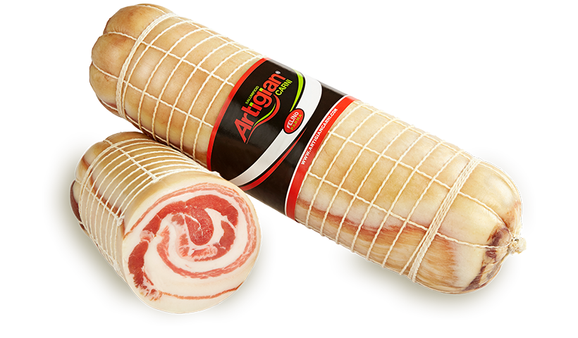 Dettaglio di Pancetta Arrotolata scotennata: salume artigianale stagionato, ideale per l'affettamento sottile e dal gusto dolce – Felino Parma